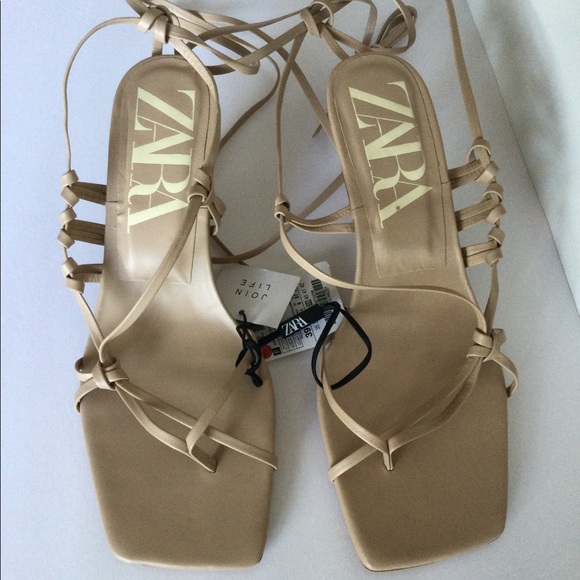 ZARA NEW WOMAN TIED HEEL LEATHER SQUARE SANDALS - Picture 8 of 12